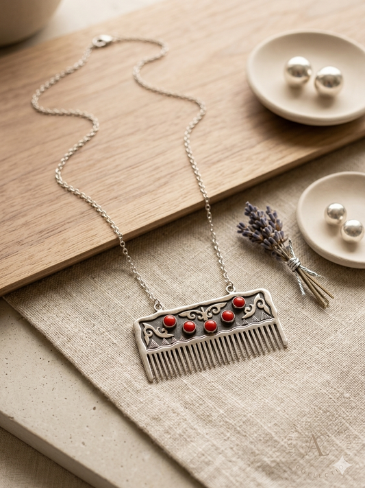 "Amulet Comb" Silver Necklace with Corals