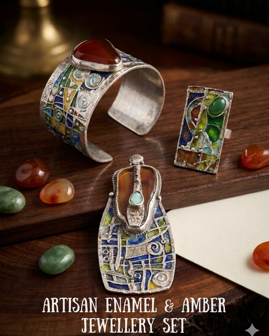 Artisan Enamel & Amber Jewelry Set