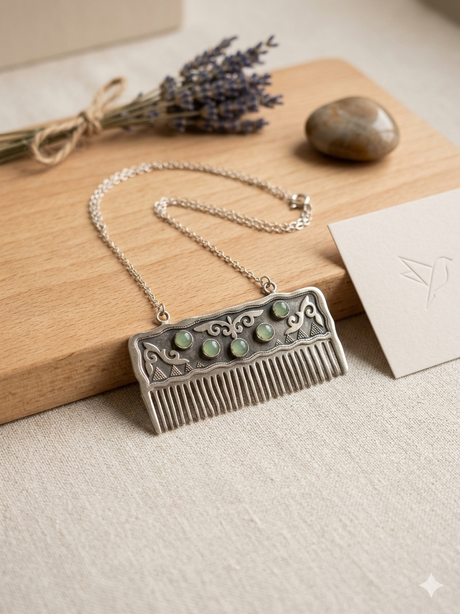 "Amulet Comb" Silver Necklace with Jade